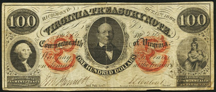 Virginia Treasury Note, Richmond, 1862 $100, Fine/Very Fine
